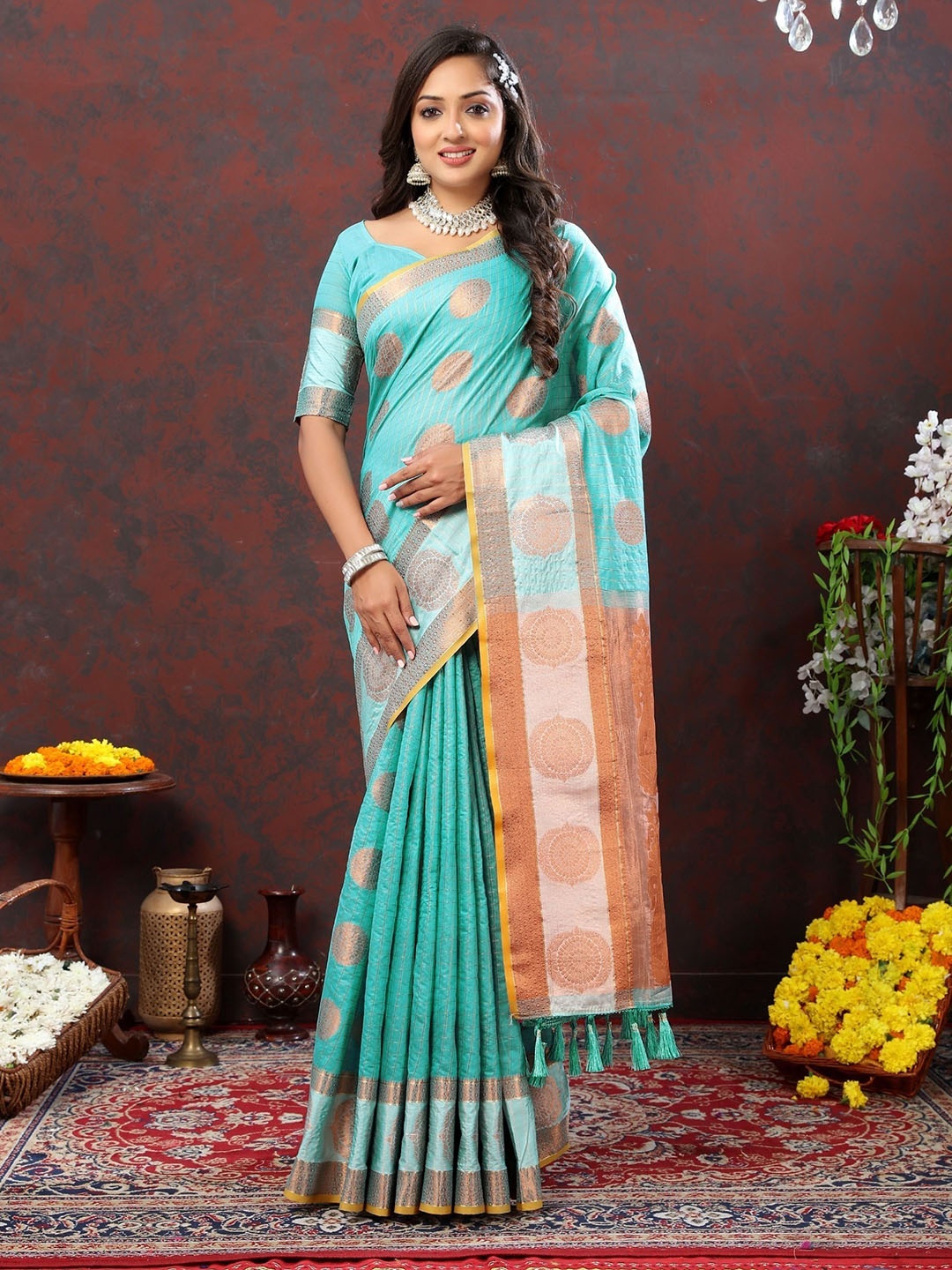 

bansari textiles Woven Design Zari Paithani Saree, Blue