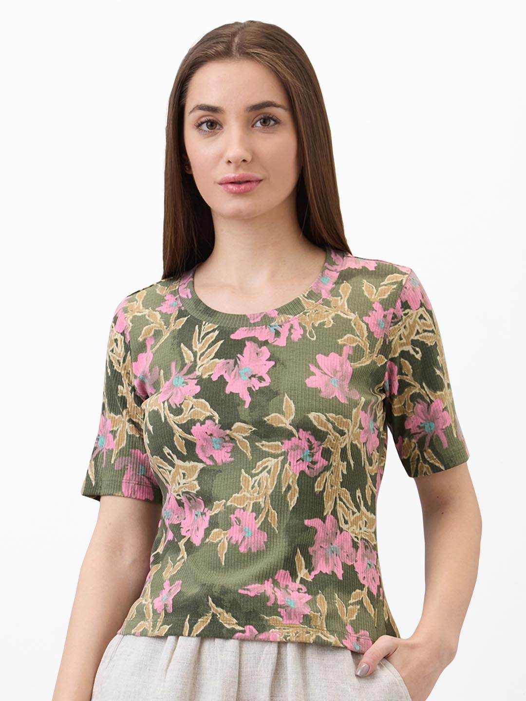 

SPYKAR Women Floral Printed Round Neck Slim Fit T-shirt, Green