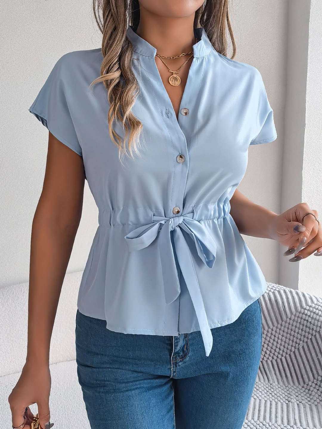 

StyleCast x Revolte Mandarin Collar Shirt Style Top, Blue