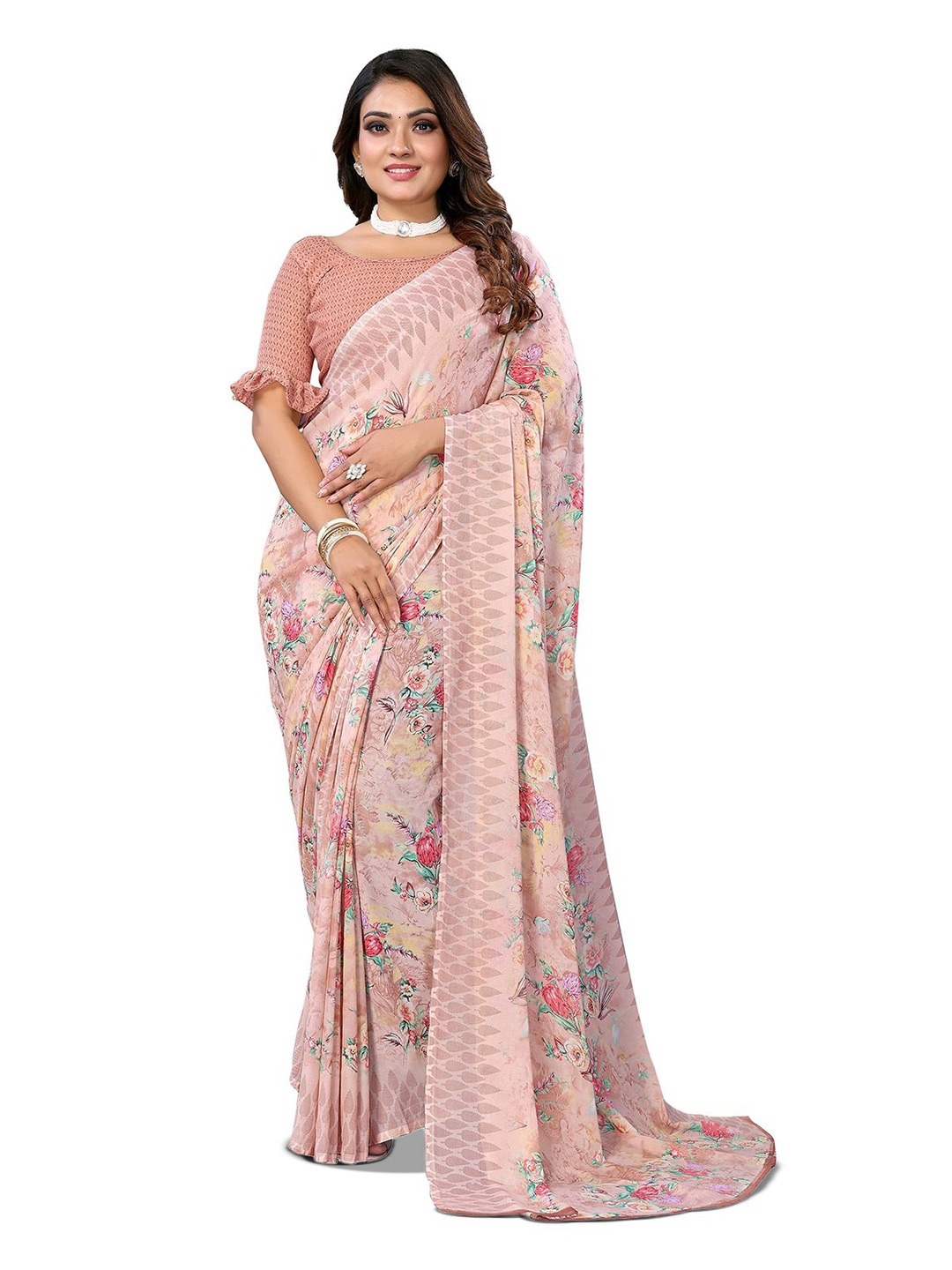 

Moda Rapido Floral Printed Saree With Blouse Piece, Brown