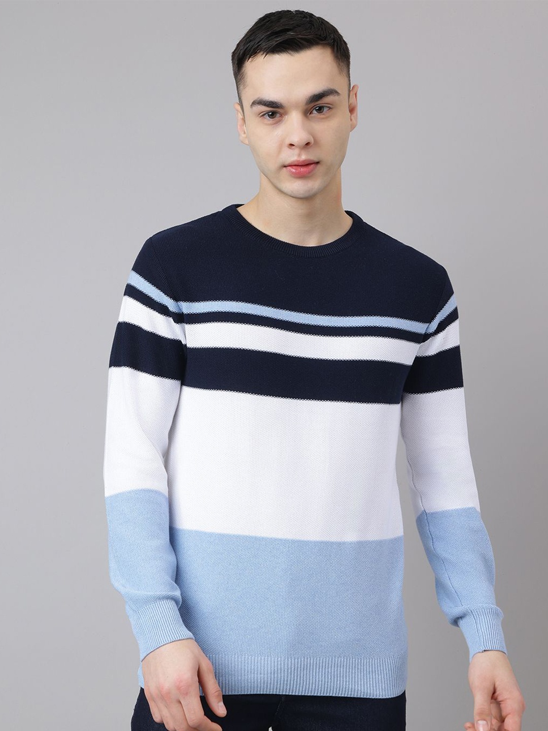 

Richlook Men Striped Woollen Pullover, Navy blue