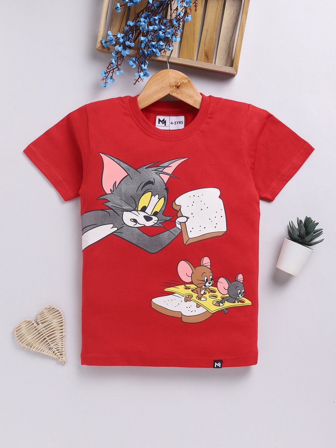 

YK X Minute Mirth Boys Tom & Jerry Graphic Printed Pure Cotton T-shirt, Red