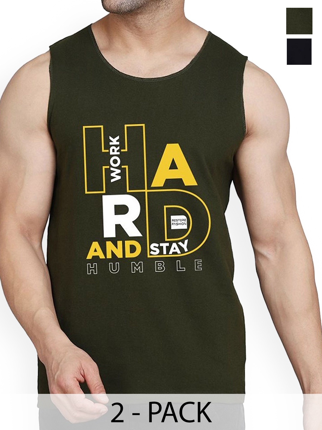 

WOOSTRO Pack Of 2 Printed Combed Cotton Gym Vest RS26 CMB (HARD OLIVE) (RUN BLACK)