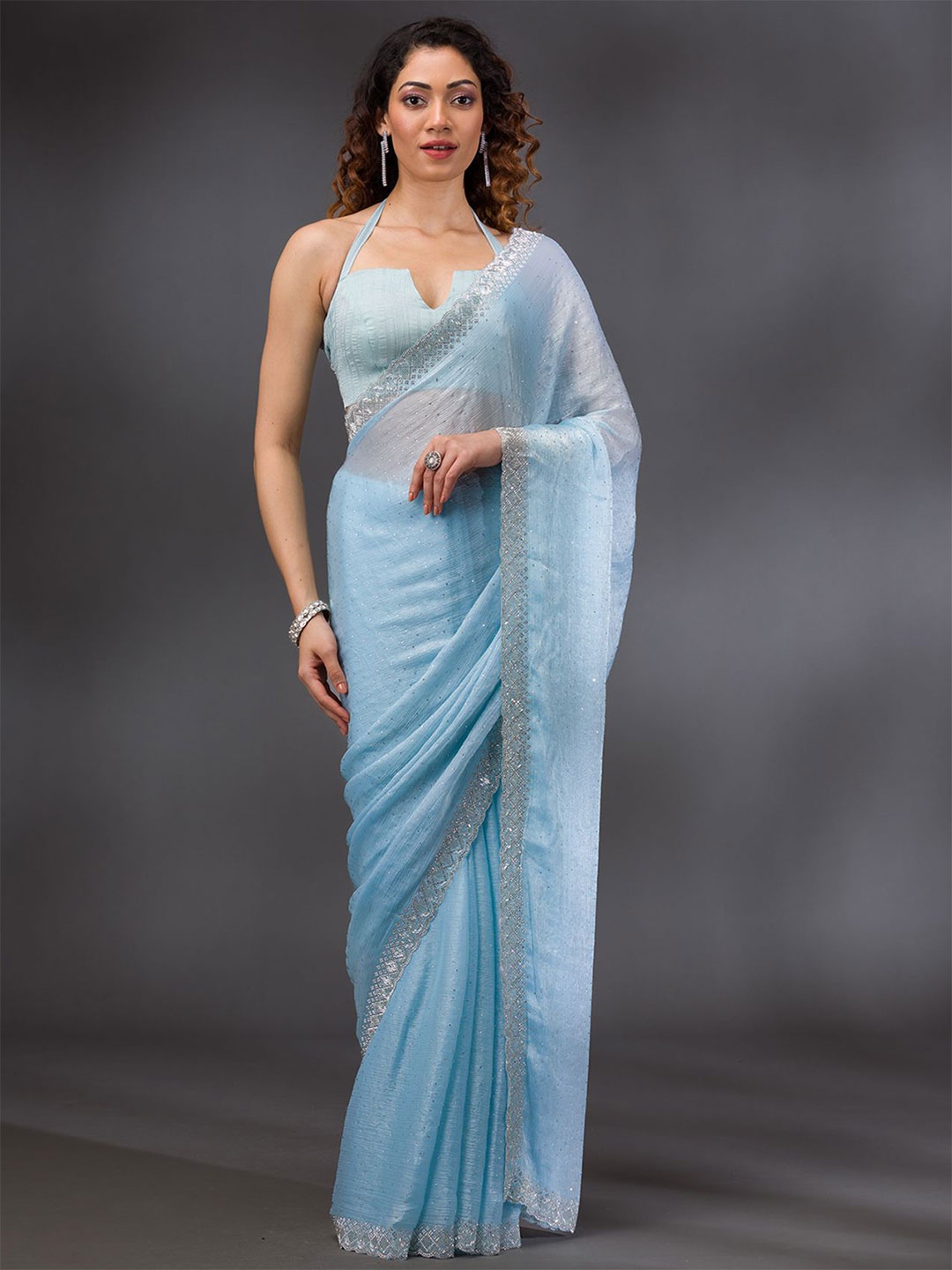 

Koskii Embellished Sky Blue Stonework Chiffon Saree