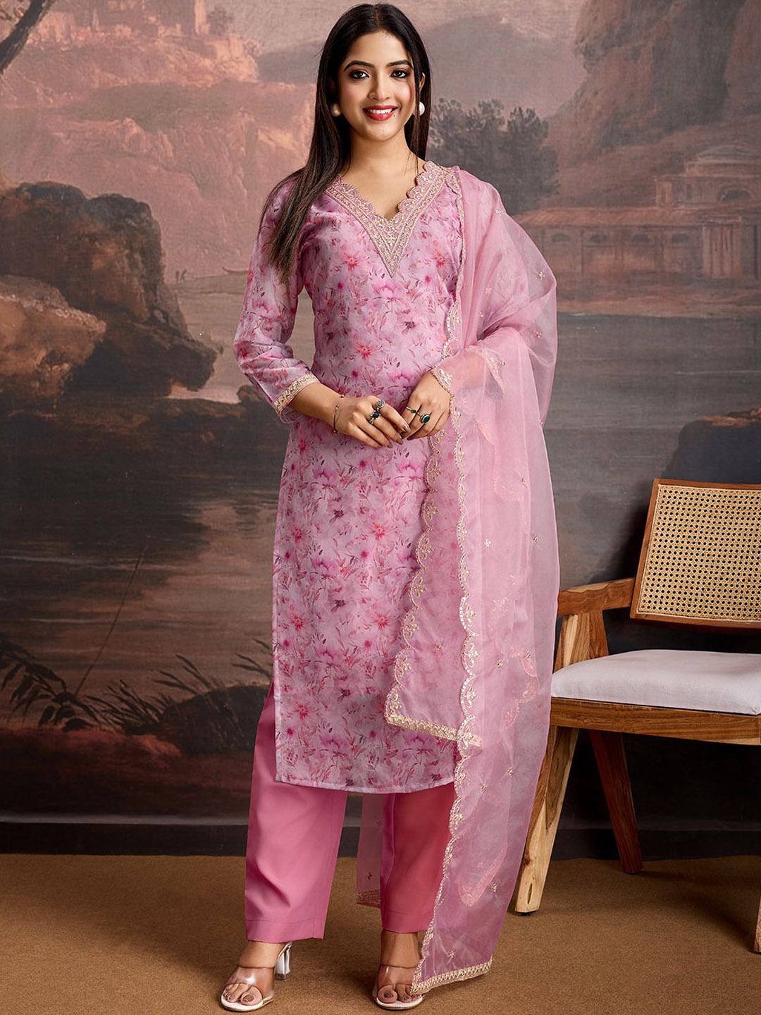 

House of Pataudi Floral Printed & Embroidered Organza Kurta & Trousers with Net Dupatta, Pink