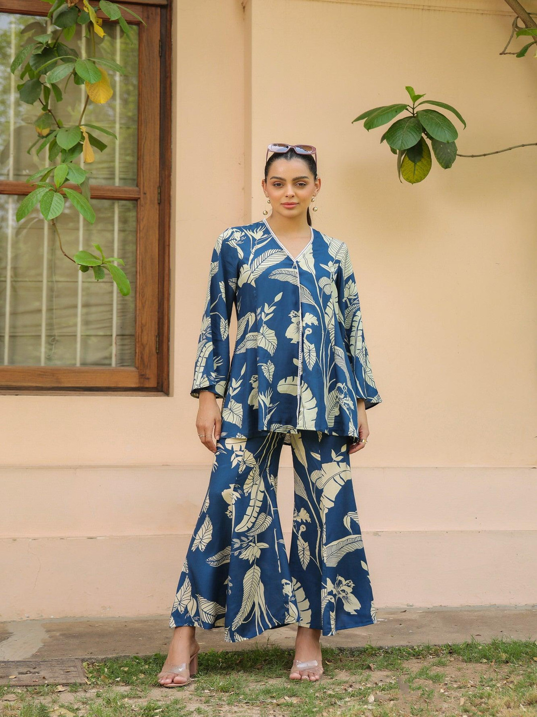 

JISORA Printed Top & Trouser Russian Silk Co-Ords, Blue
