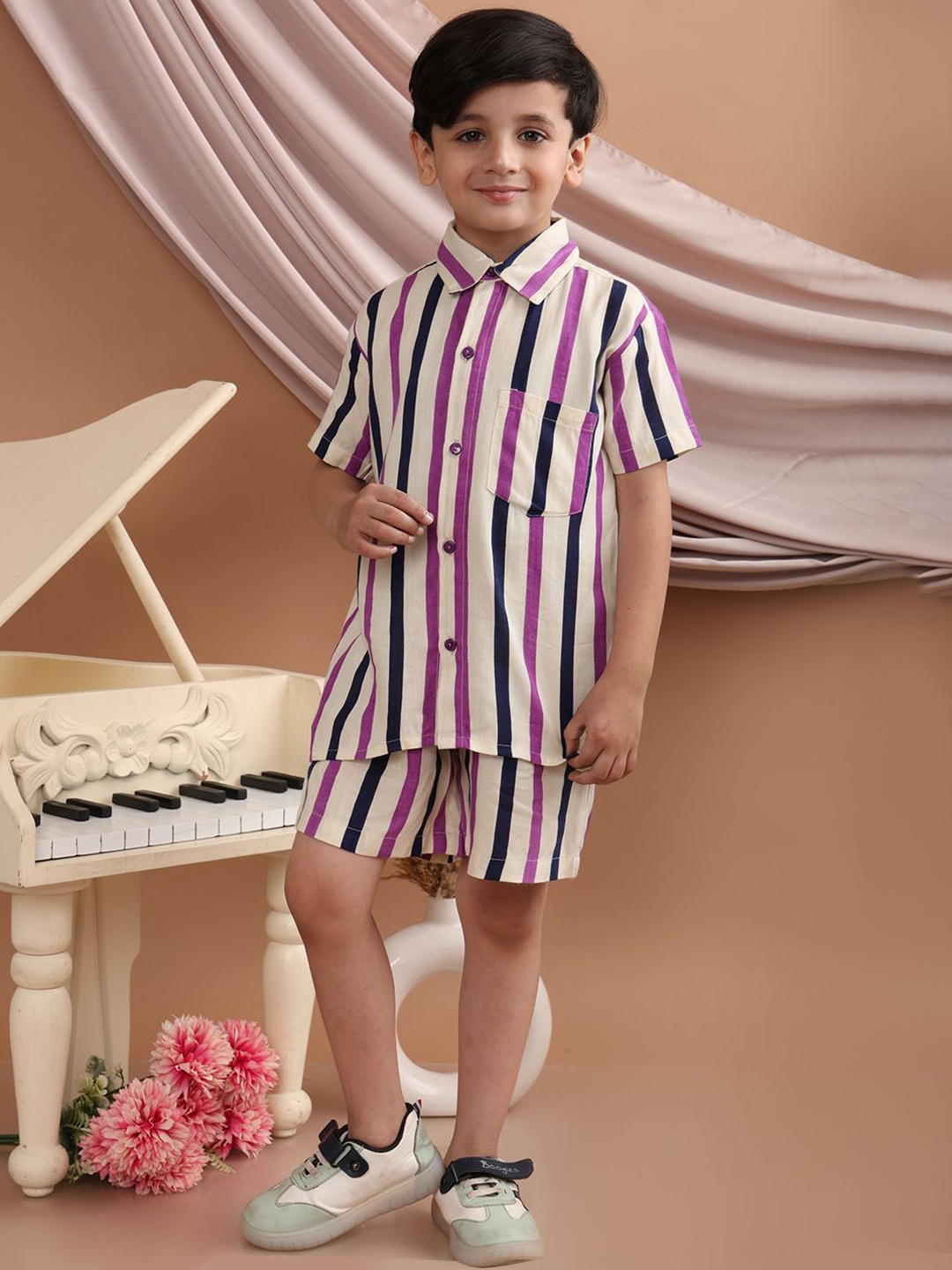 

Superminis Boys Striped Short Sleeves Shirt With Shorts, Purple