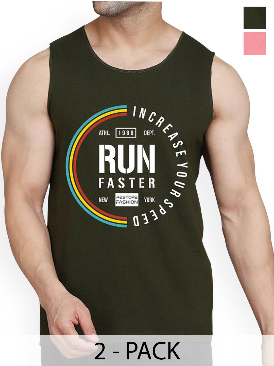 

WOOSTRO Men Pack Of 2 Printed Cotton Gym Innerwear Vests, Olive