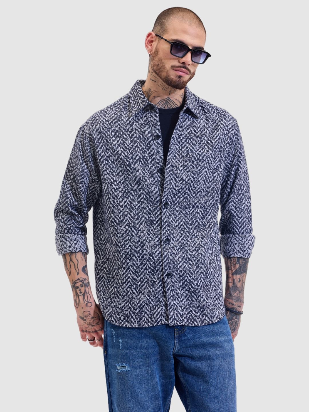 

Snitch Men Relaxed Boxy Fit Spread Collar Textured Casual Shirt, Navy blue