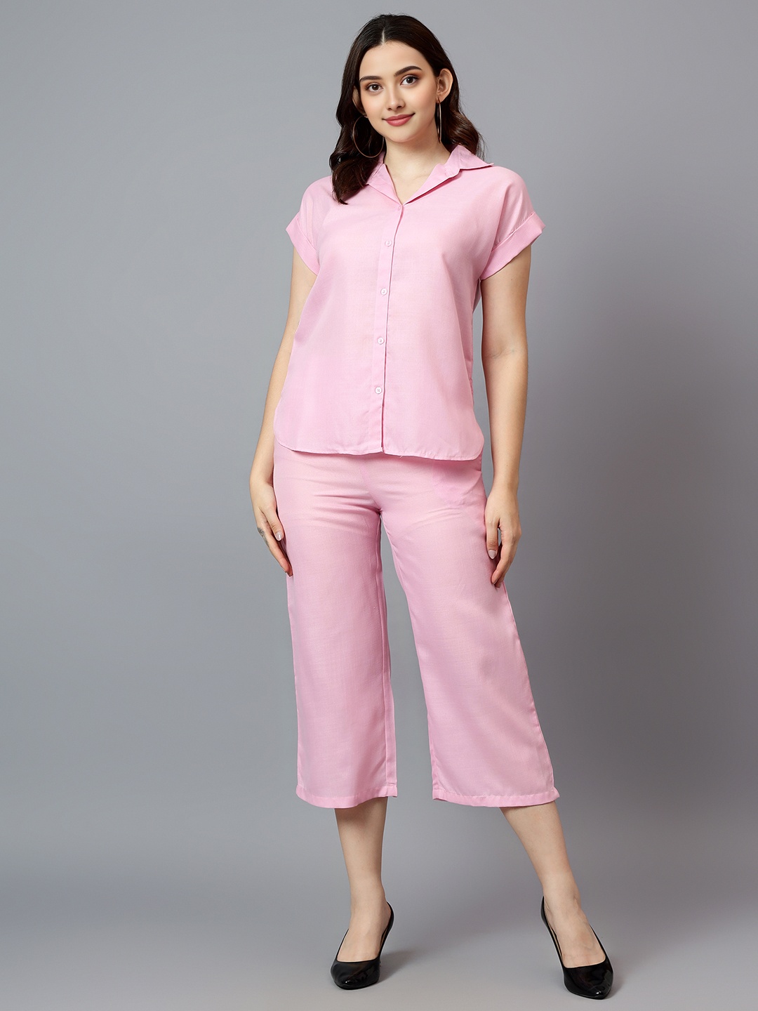 

StyleCast Pink Shirt Collar Short Sleeves Shirt With Capris