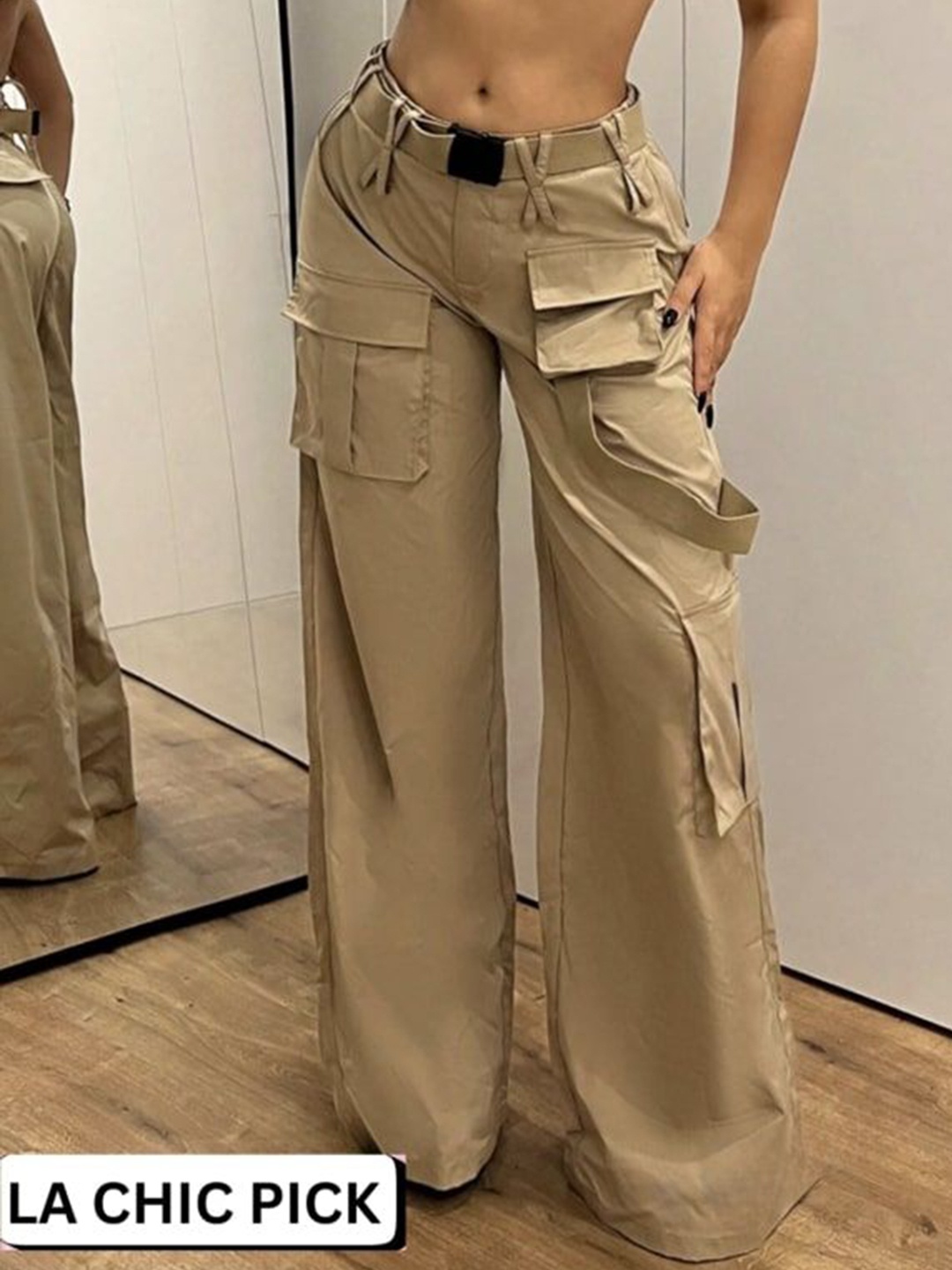 

LA CHIC PICK Women Cotton Oversized Fit Cargo Trousers, Khaki