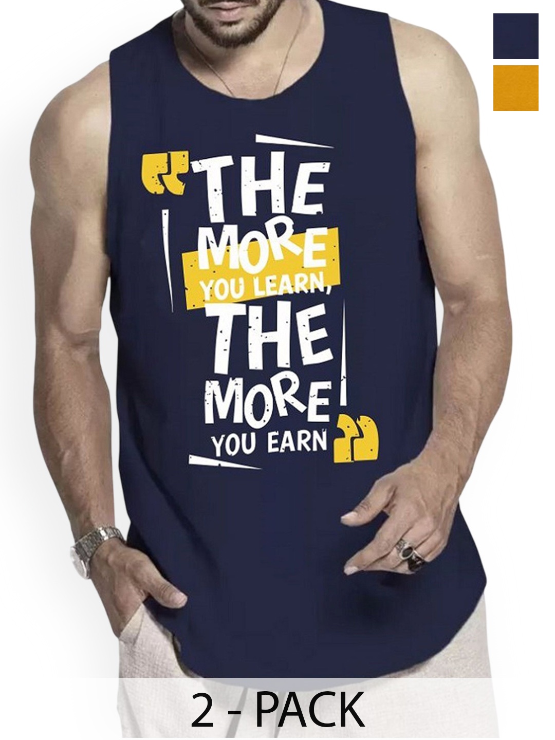 

Woostro Pack Of 2 Printed Cotton Gym Vests RS26 CMB (HARD MUSTARD) (MORE NAVY)