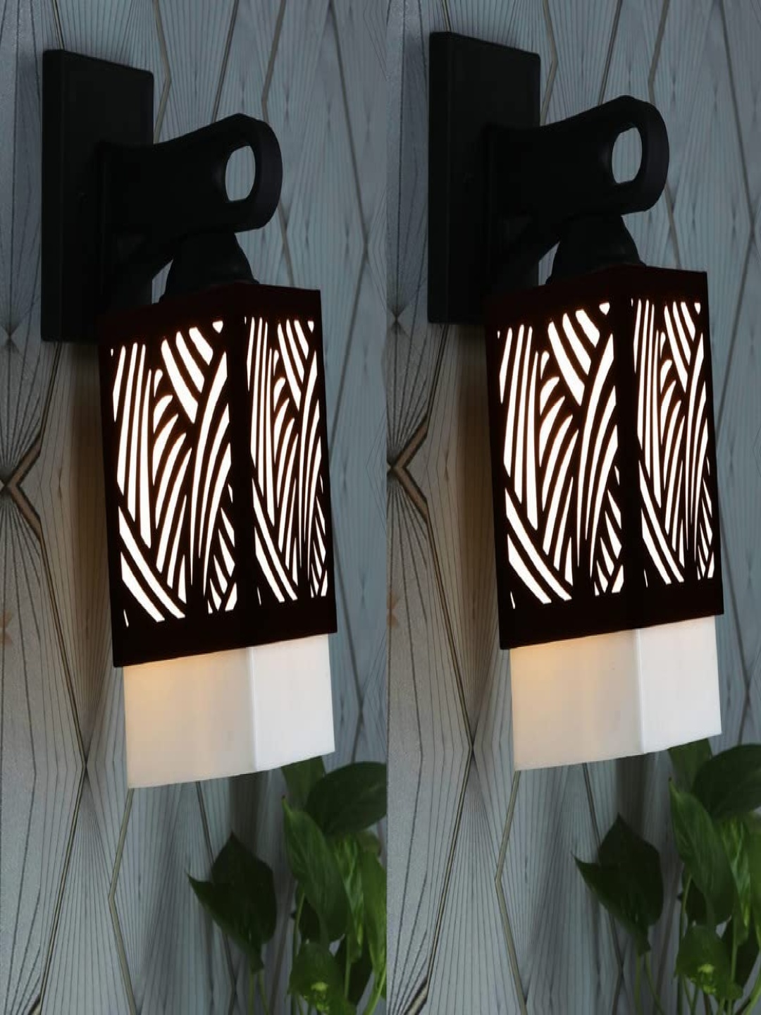 

Gojeeva Black & White 2 Pieces Textured Wooden Square Shaped Wall Lamps