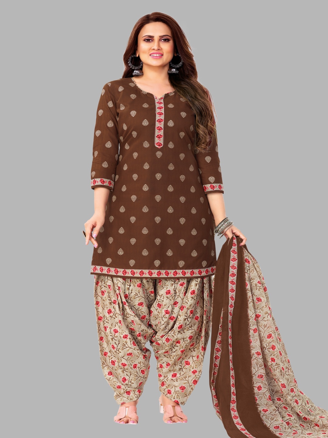 

shree jeenmata collection Ethnic Motifs Printed Pure Cotton Unstitched Dress Material, Coffee brown