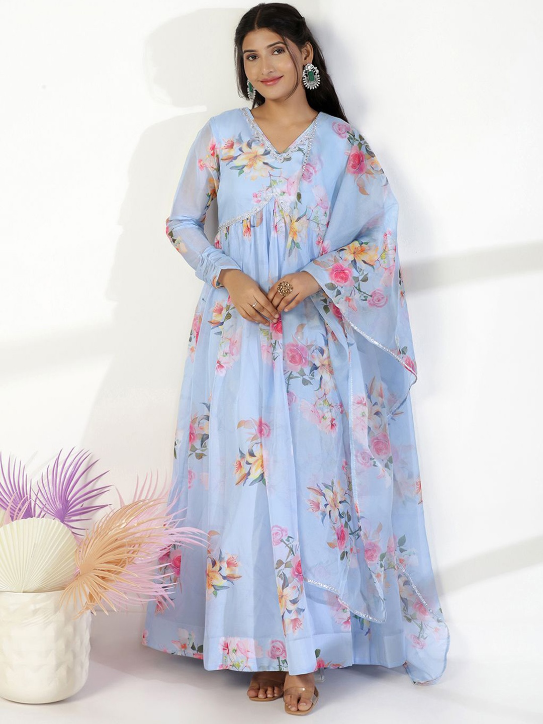 

Moda Rapido Women Floral Printed Maxi Ethnic Dress With Dupatta, Blue