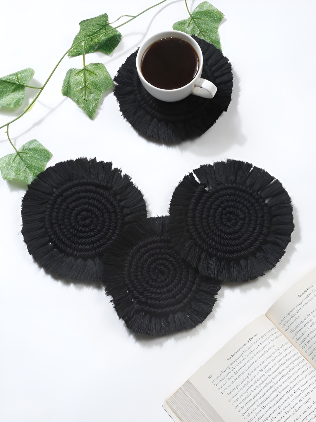 

My Creative Hut 6 Pieces Black Textured Macrame Round Coasters