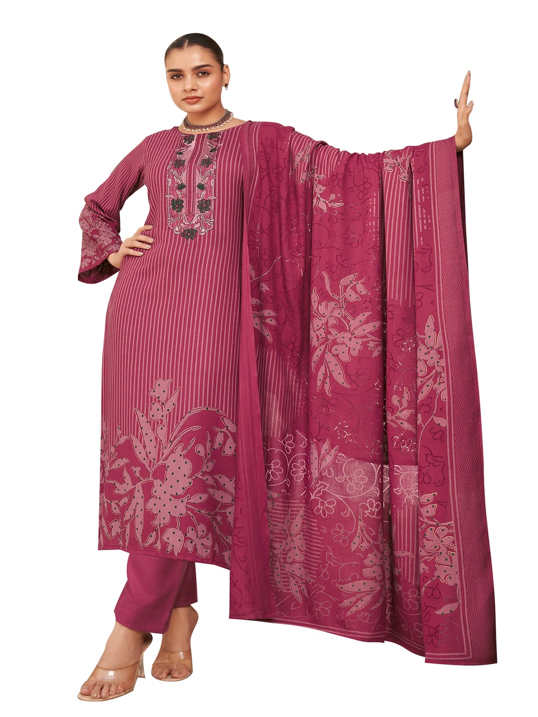 

DRAVINAM Trends Floral Printed Pashmina Unstitched Dress Material, Pink