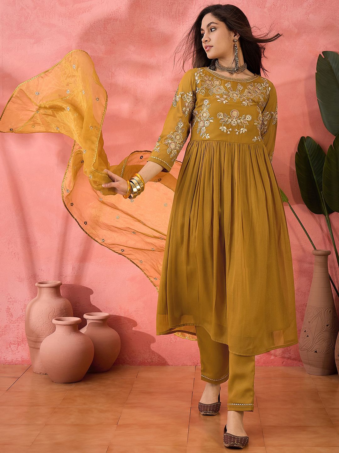 

Sangria Mustard Floral Embroidered A-Line Georgette Kurta With Trousers And Dupatta