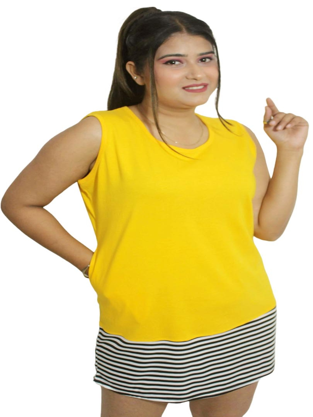 

PINK SHELL Women Striped Cut Outs T-shirt, Yellow