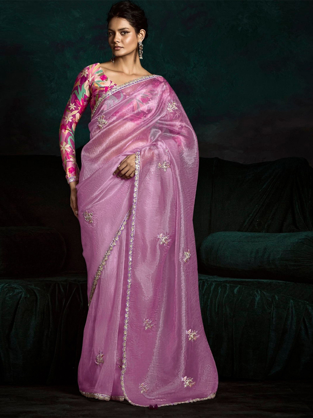 

MySilkLove Floral Embroidered Tissue Saree, Pink