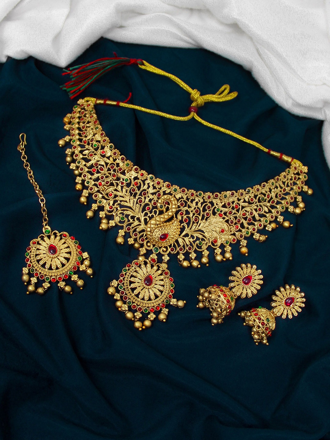 

NAGNESHI ART Gold-Plated Stone Studded & Beaded Temple Jewellery Set