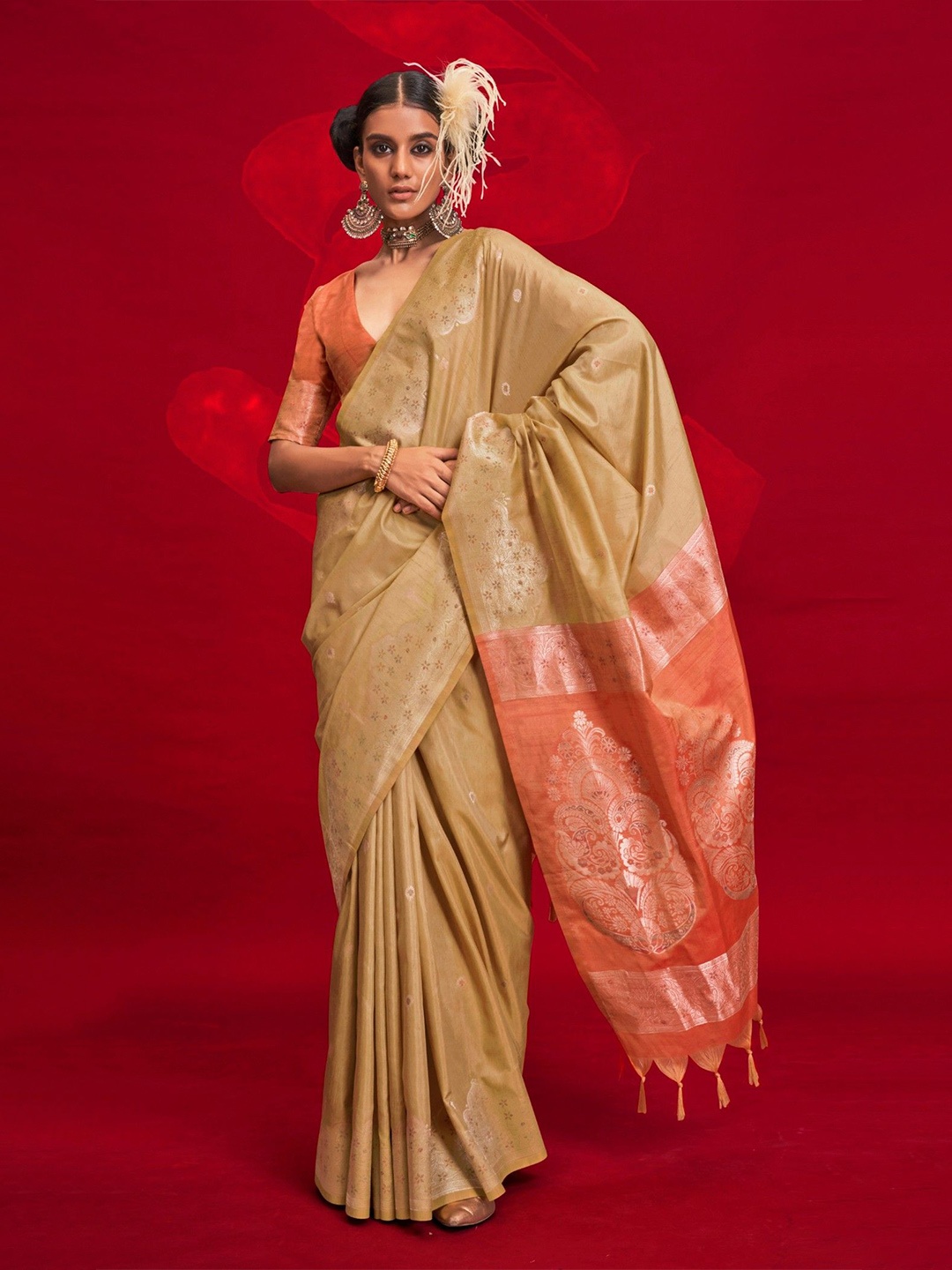 

MySilkLove Ethnic Motifs Zari Tussar Saree, Beige