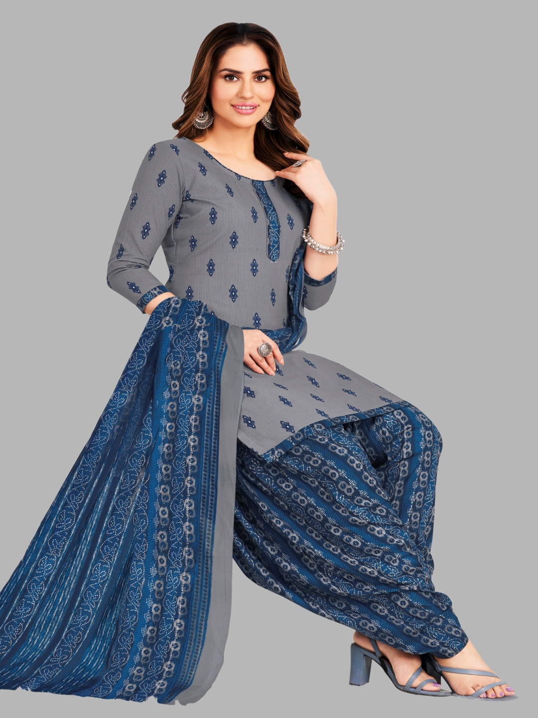 

Simmu Ethnic Motifs Printed Pure Cotton Unstitched Dress Material, Grey