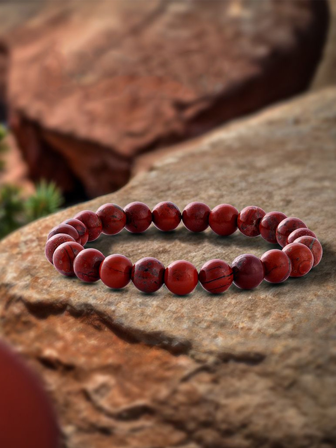 

BLACK MAMBA Unisex Red Jasper Natural Stones Studded Stretchable Bracelet