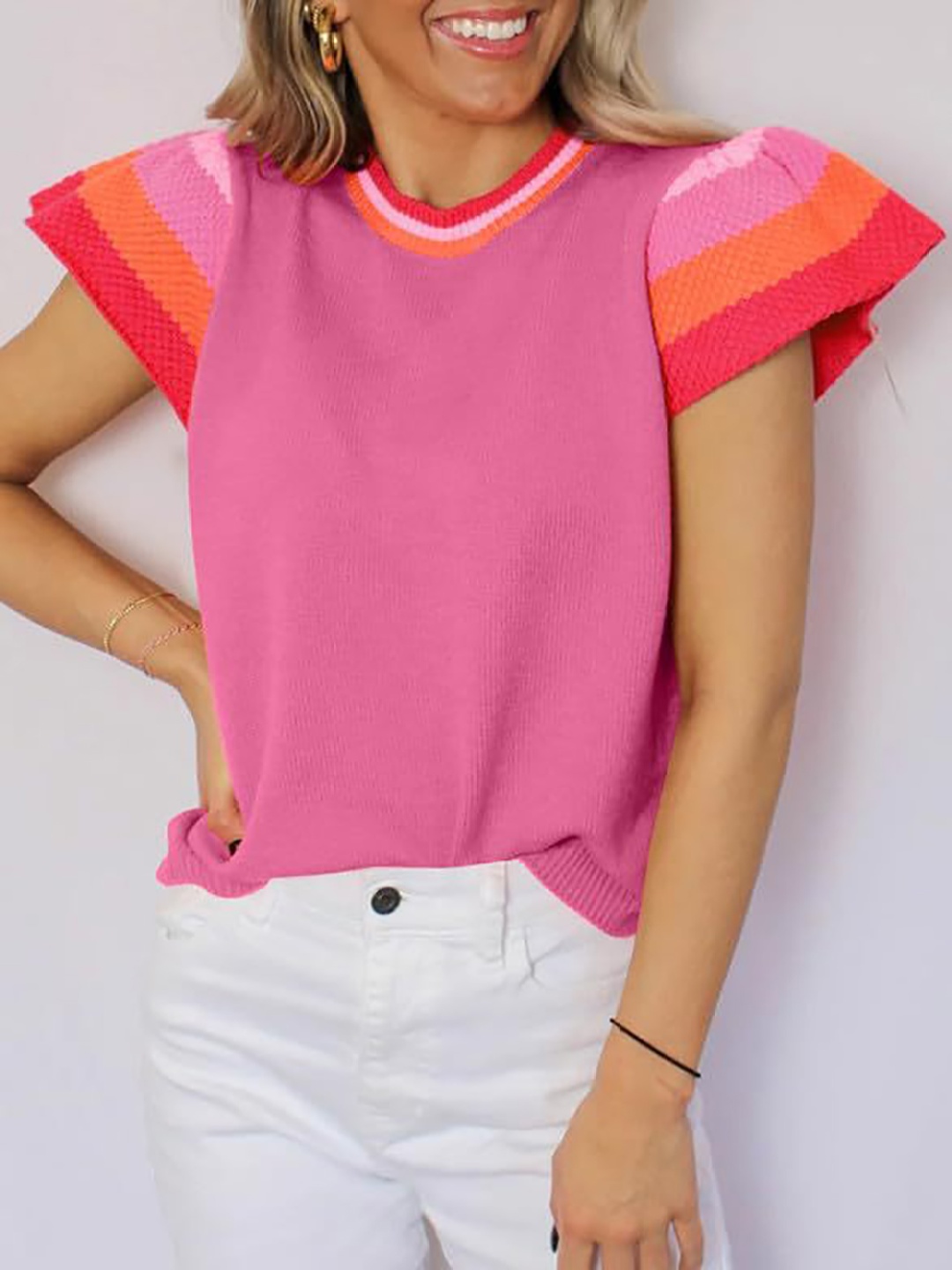 

StyleCast x Revolte Colourblocked Flutter Sleeve Crepe Top, Pink