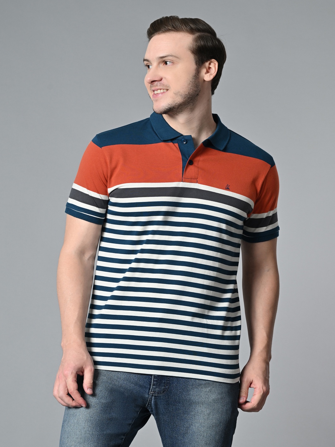 

ARBOUR Men Striped Polo Collar Cotton T-shirt, Navy blue