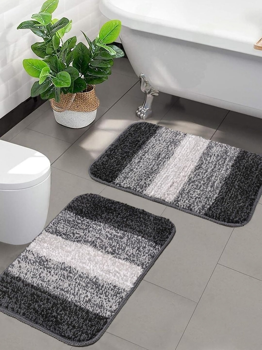 

MAA HOME CONCEPT Black & White 2 Pieces Striped Microfiber 1500 GSM Anti Skid Bath Rugs