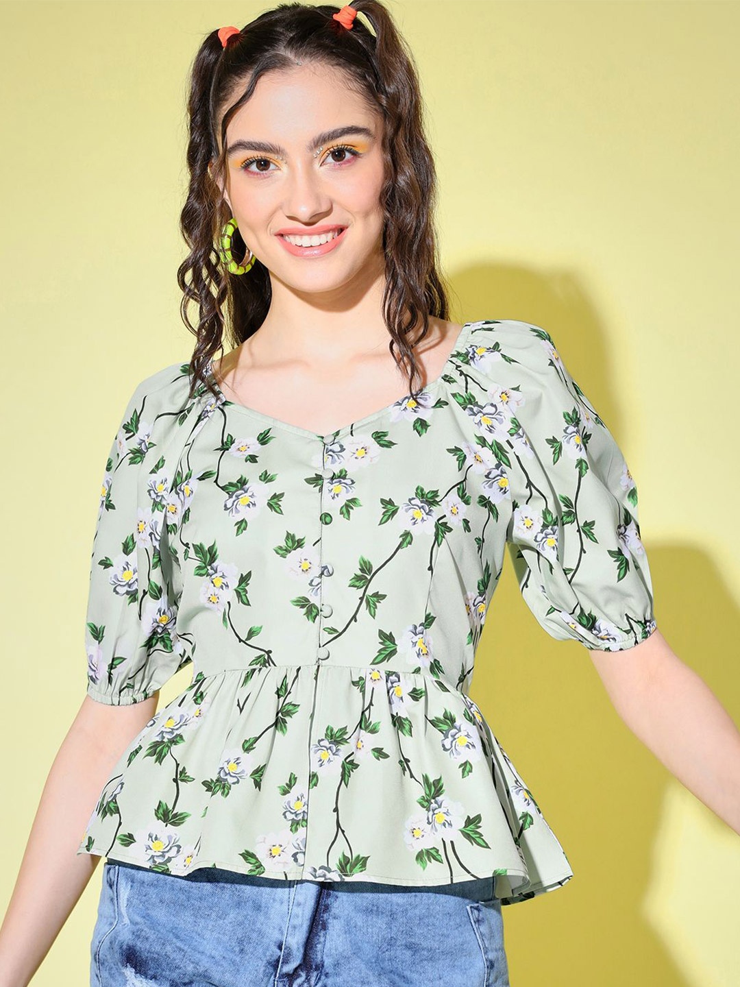 

Moda Rapido Floral Print Puff Sleeve Peplum Top, Green