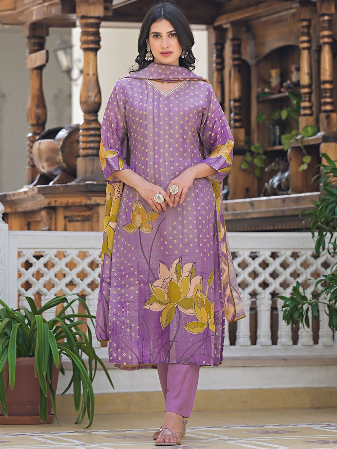 

Anouk Violet Floral Printed V-Neck Straight Kurta With Trousers And Dupatta