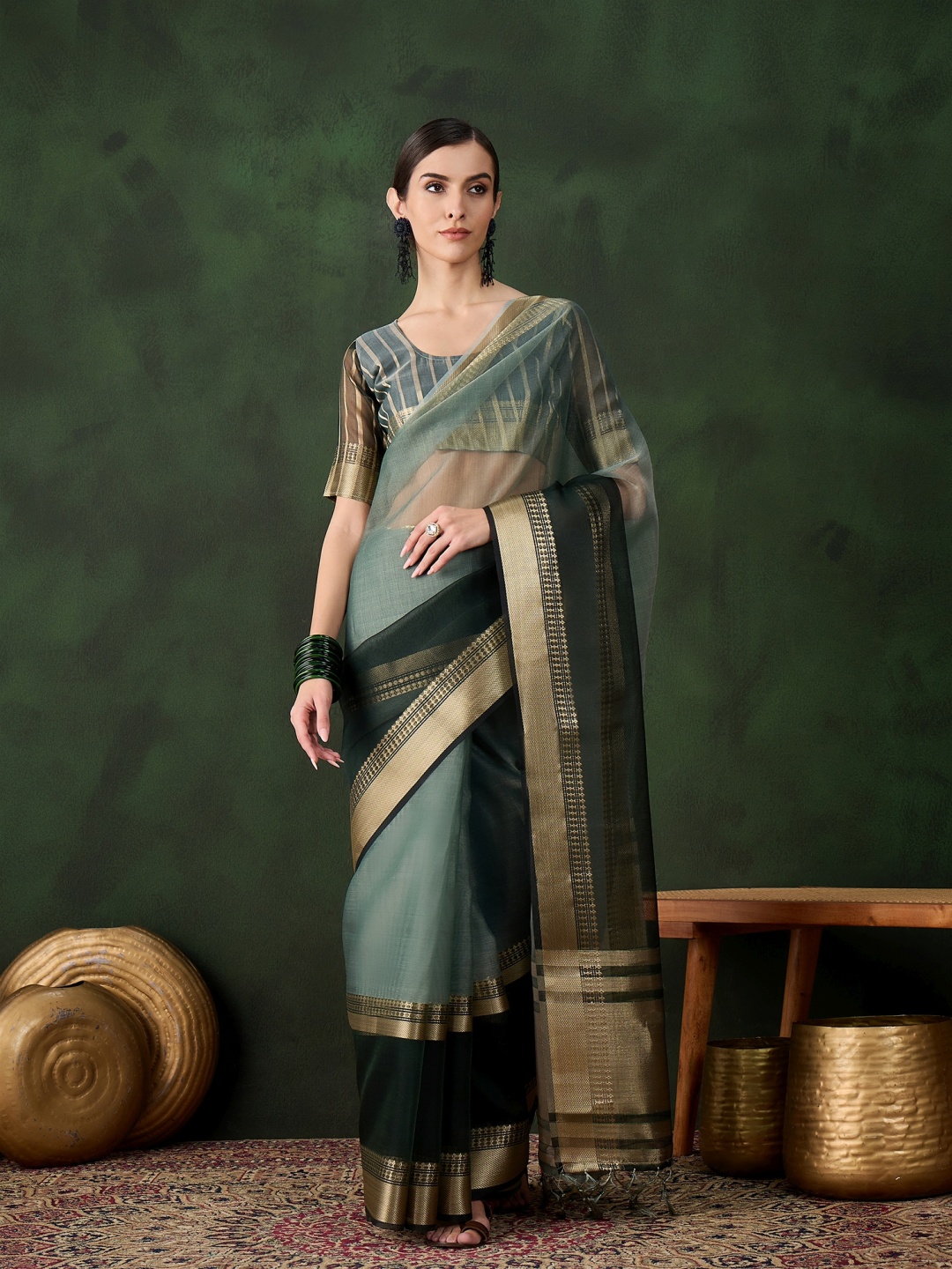 

DEVATITHI Organza Saree, Green