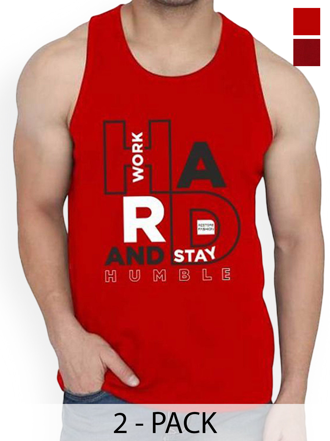 

WOOSTRO Pack Of 2 Printed Cotton Gym Vests RS26 CMB (HARD MAROON) (HARD RED)