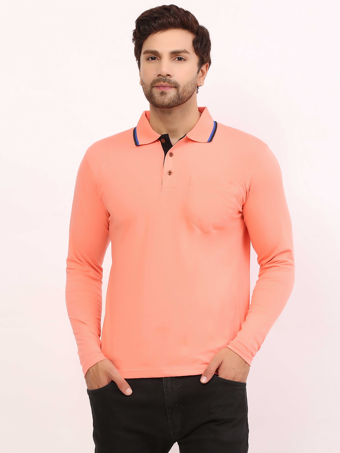

ALARM Men Solid Polo Collar Cotton Slim Fit T-shirt, Peach