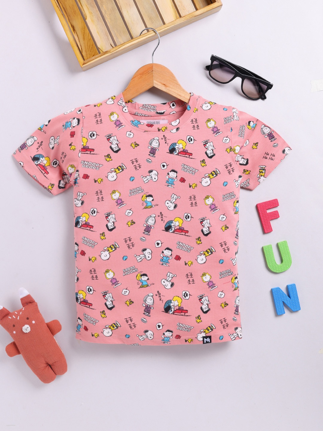 

YK X Minute Mirth Boys Peanuts Graphic Printed Pure Cotton T-shirt, Pink