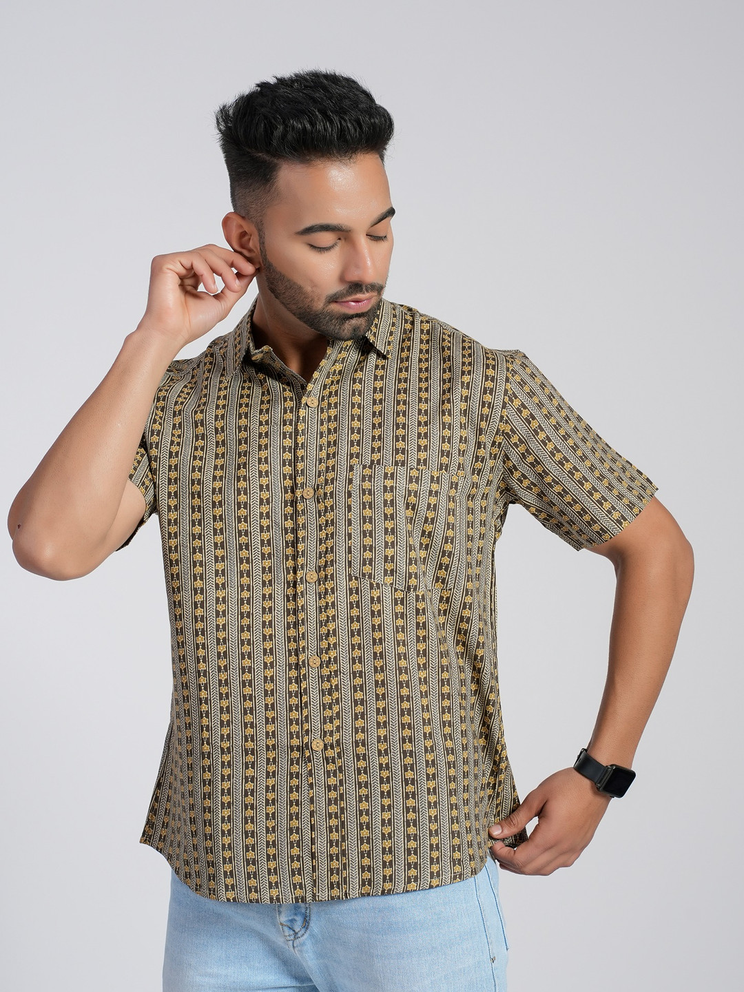 

Cotton Curio Men Comfort Fit Spread Collar Vertical Striped Cotton Casual Shirt, Olive