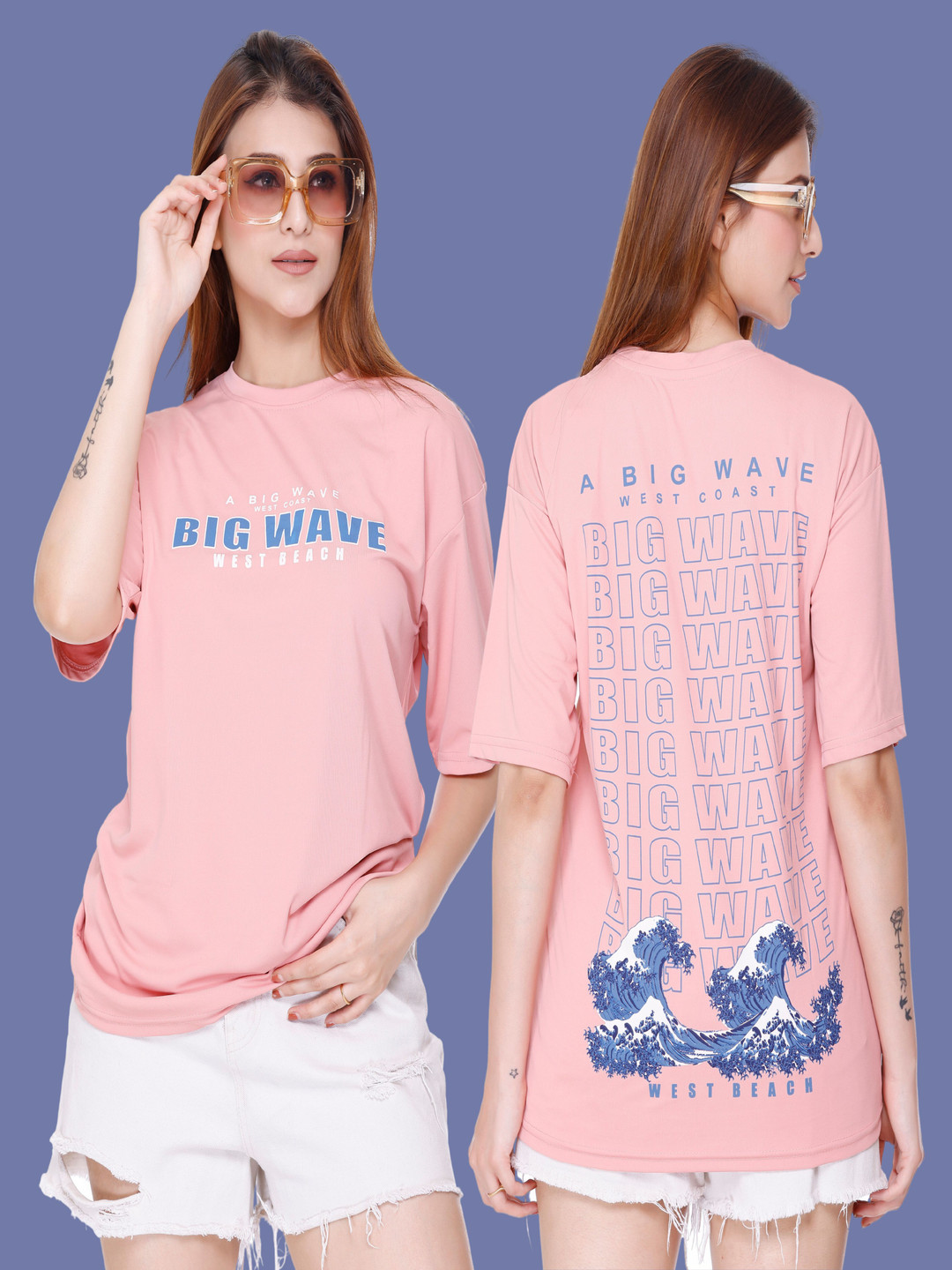 

White Moon Women Typography Printed Round Neck Oversized T-shirt, Pink