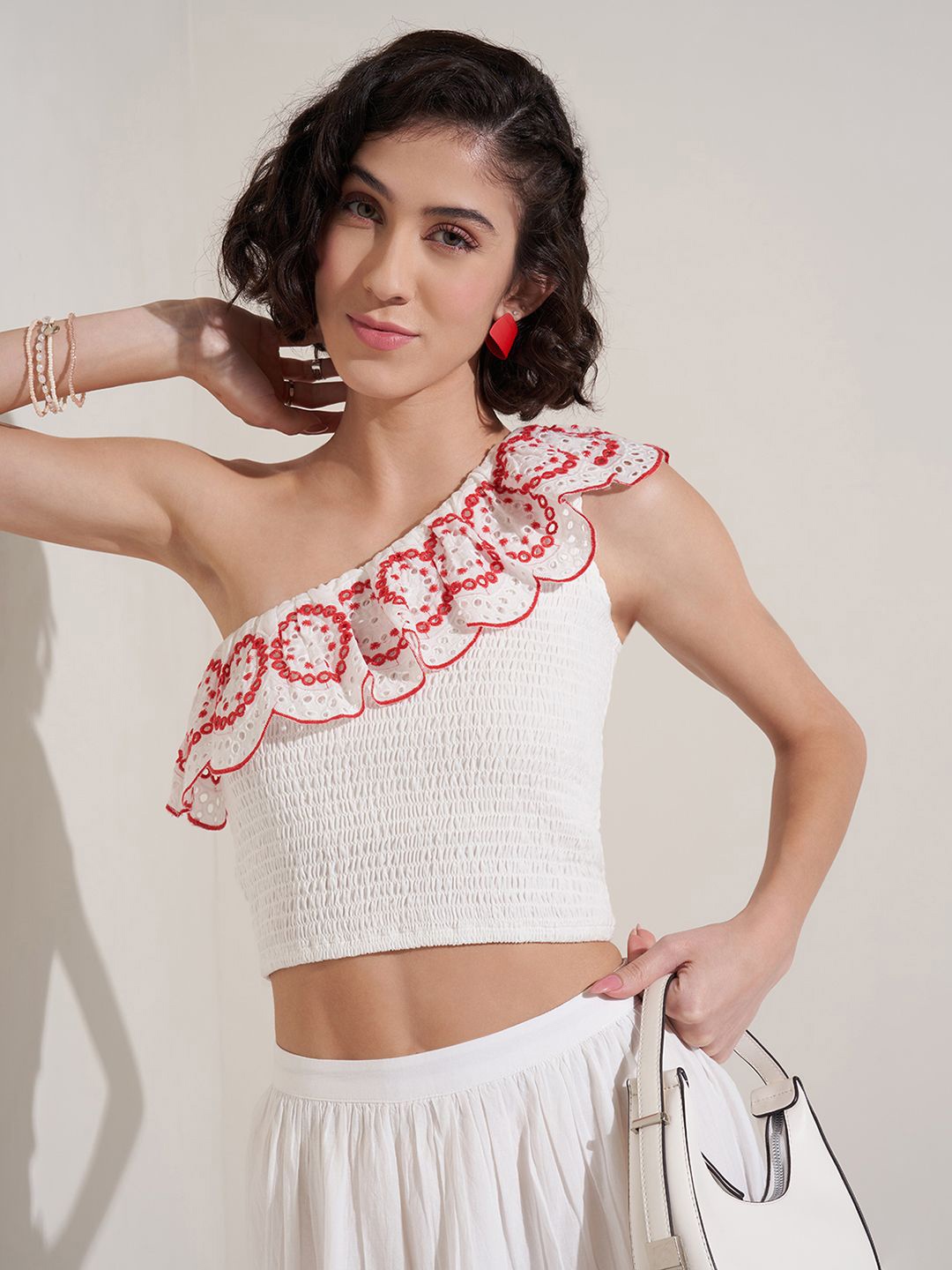

Honey by Pantaloons Women Self Design One Shoulder Cotton Crop Top, Off white