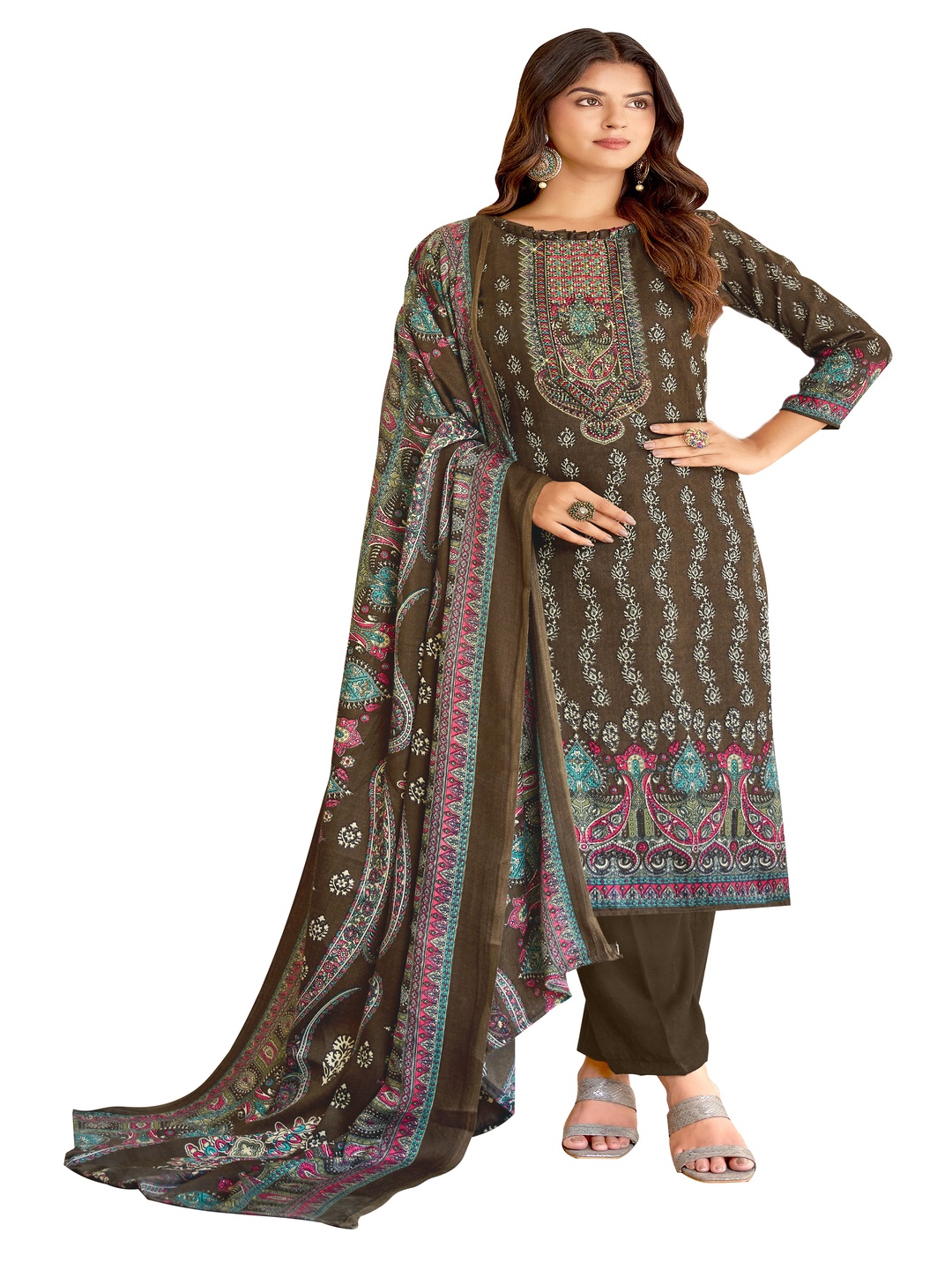 

DRAVINAM Trends Ethnic Motifs Printed Pashmina Unstitched Dress Material, Brown