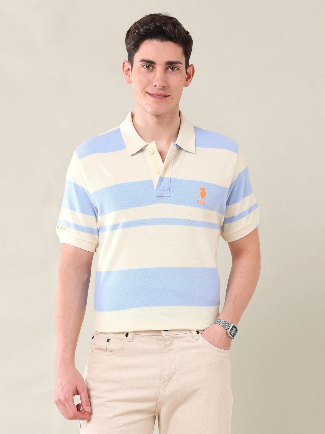 

U.S. Polo Assn. Men Striped Polo Collar Cotton Slim Fit T-shirt, Blue