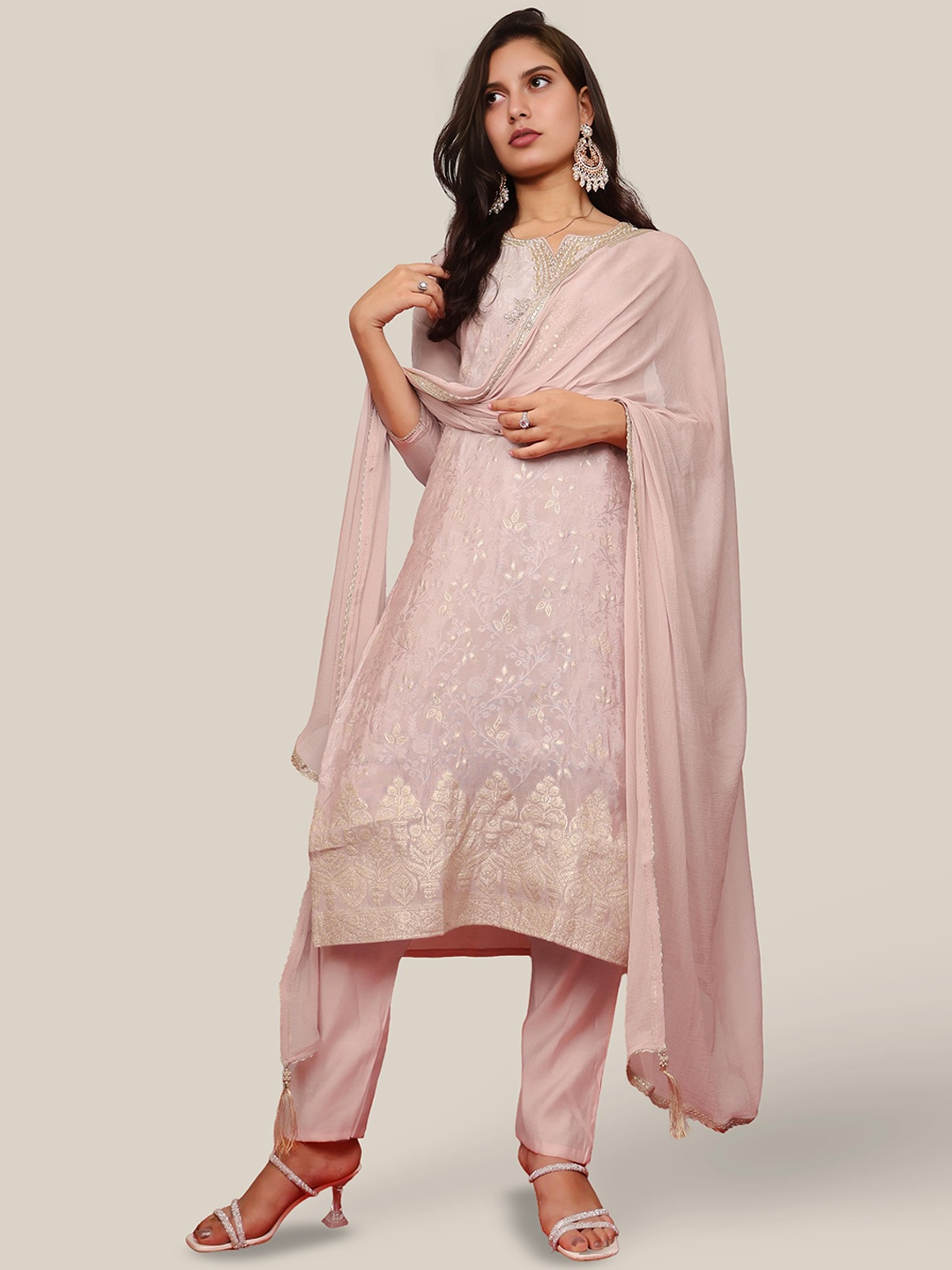 

Shreekama Floral Embroidered Notch Neck Chanderi Silk Straight Kurta & Trouser & Dupatta, Pink