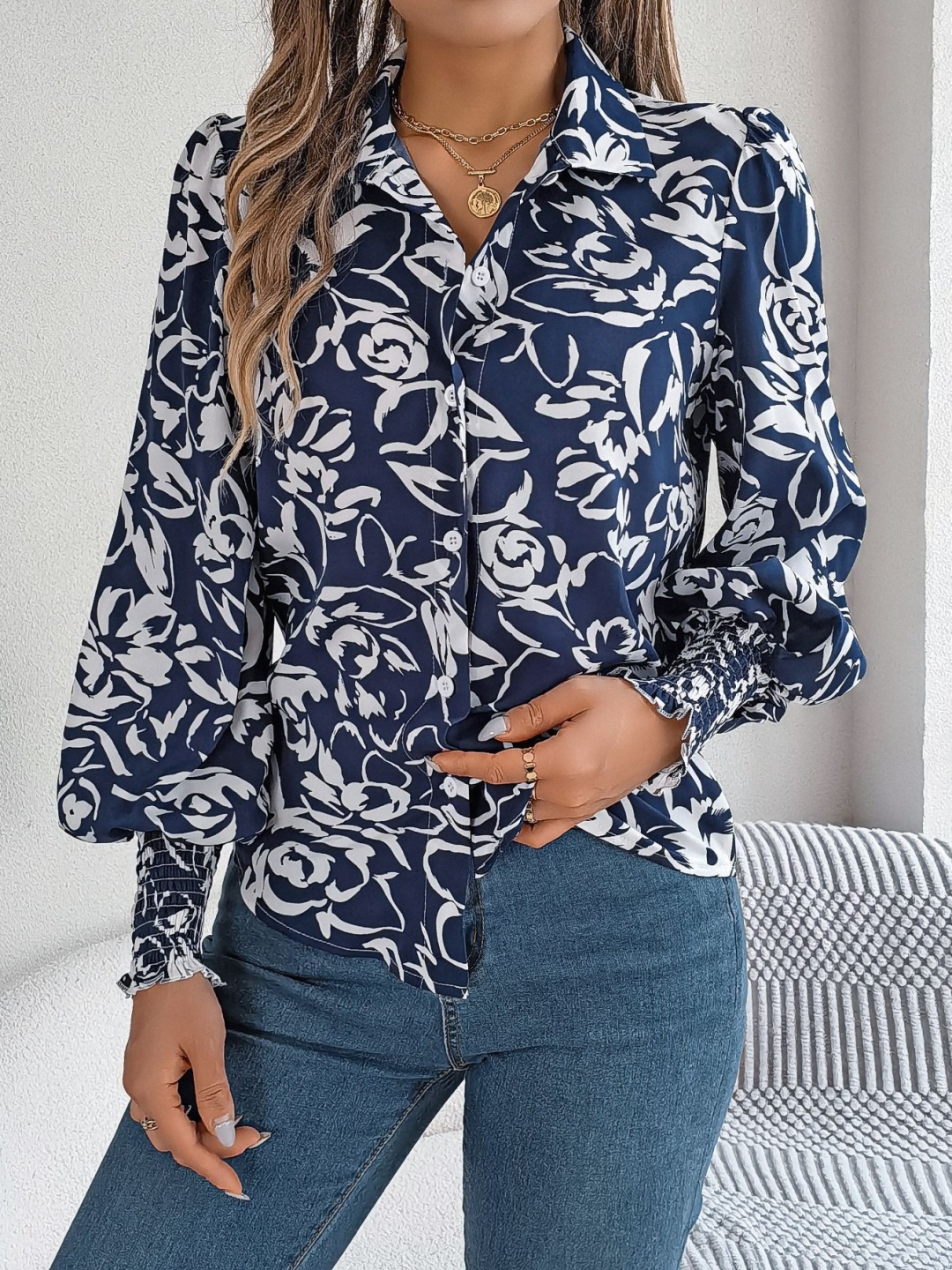 

StyleCast x Revolte Women Printed Puff Sleeves Top, Navy blue