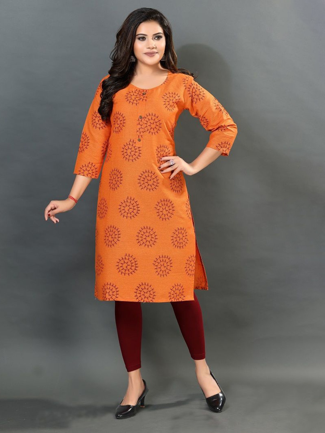 

DREAM & DZIRE Ethnic Motifs Printed Round Neck Straight Kurta, Orange