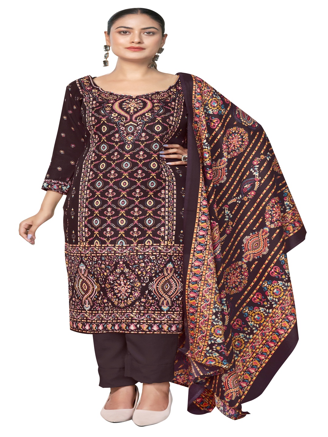 

DRAVINAM Trends Ethnic Motifs Printed Unstitched Dress Material, Brown