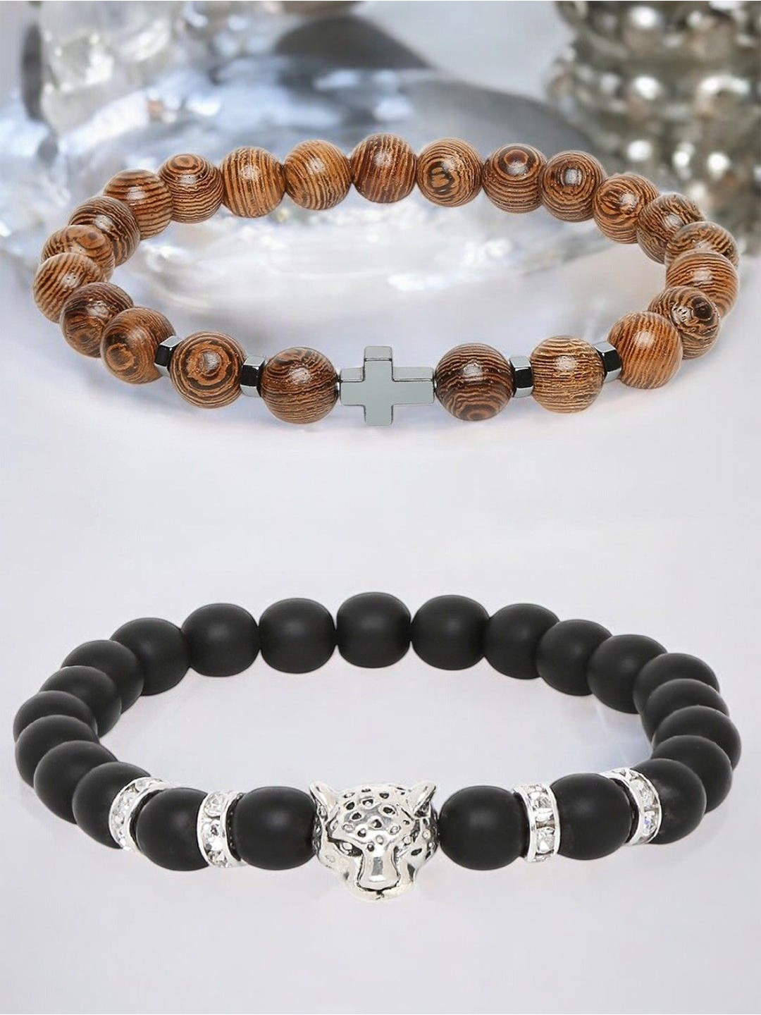 

fabula Men Set of 2 Beaded Animal & Cross Design Wraparound Bracelet, Brown