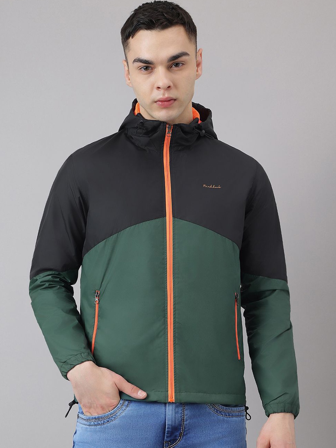 

Richlook Men Colourblocked Polycotton Windcheater Outdoor Biker Jacket with Patchwork, Black