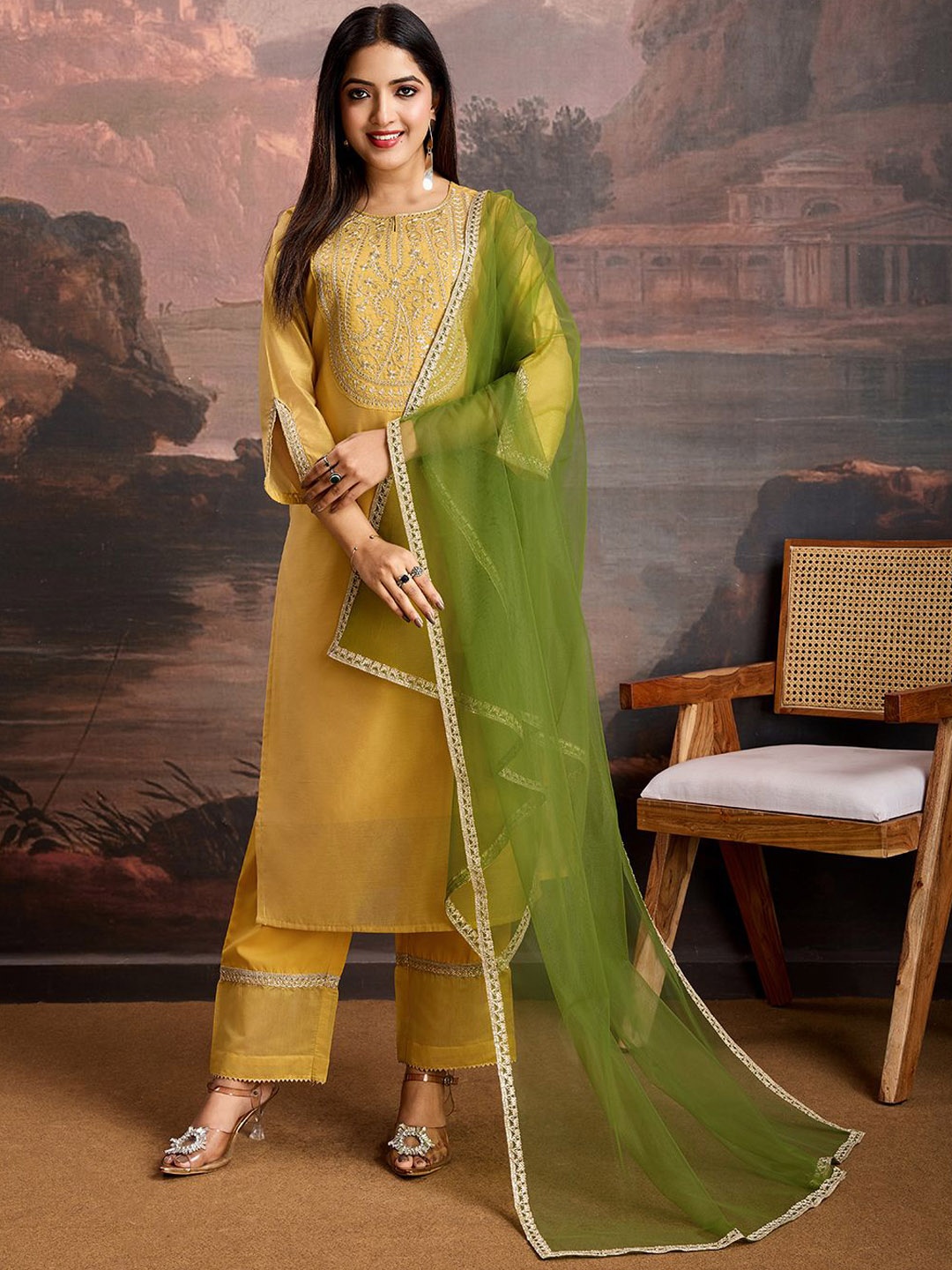 

House of Pataudi Yoke Embroidered Kurta & Trousers with Dupatta, Yellow