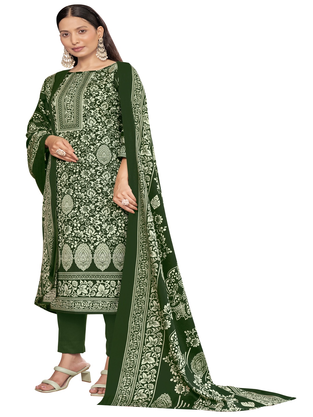 

DRAVINAM Trends Floral Printed Pashmina Unstitched Dress Material, Green